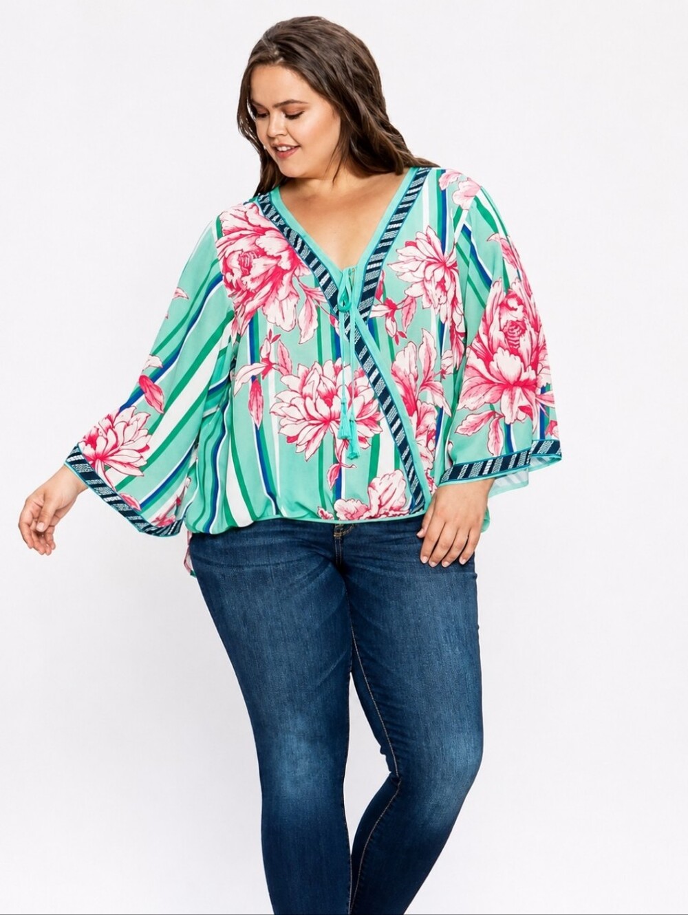 Jealous Tomato 3X Floral Faux Wrap Blouse Mint Pink Stripe Tassel Boho Plus Size